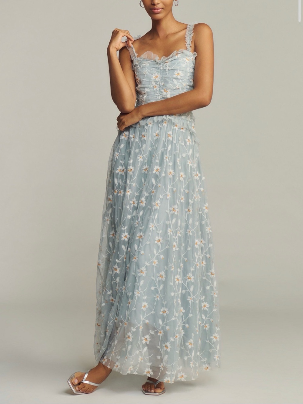 Anthropologie Dusty Blue Floral Embroidered Maxi Dress